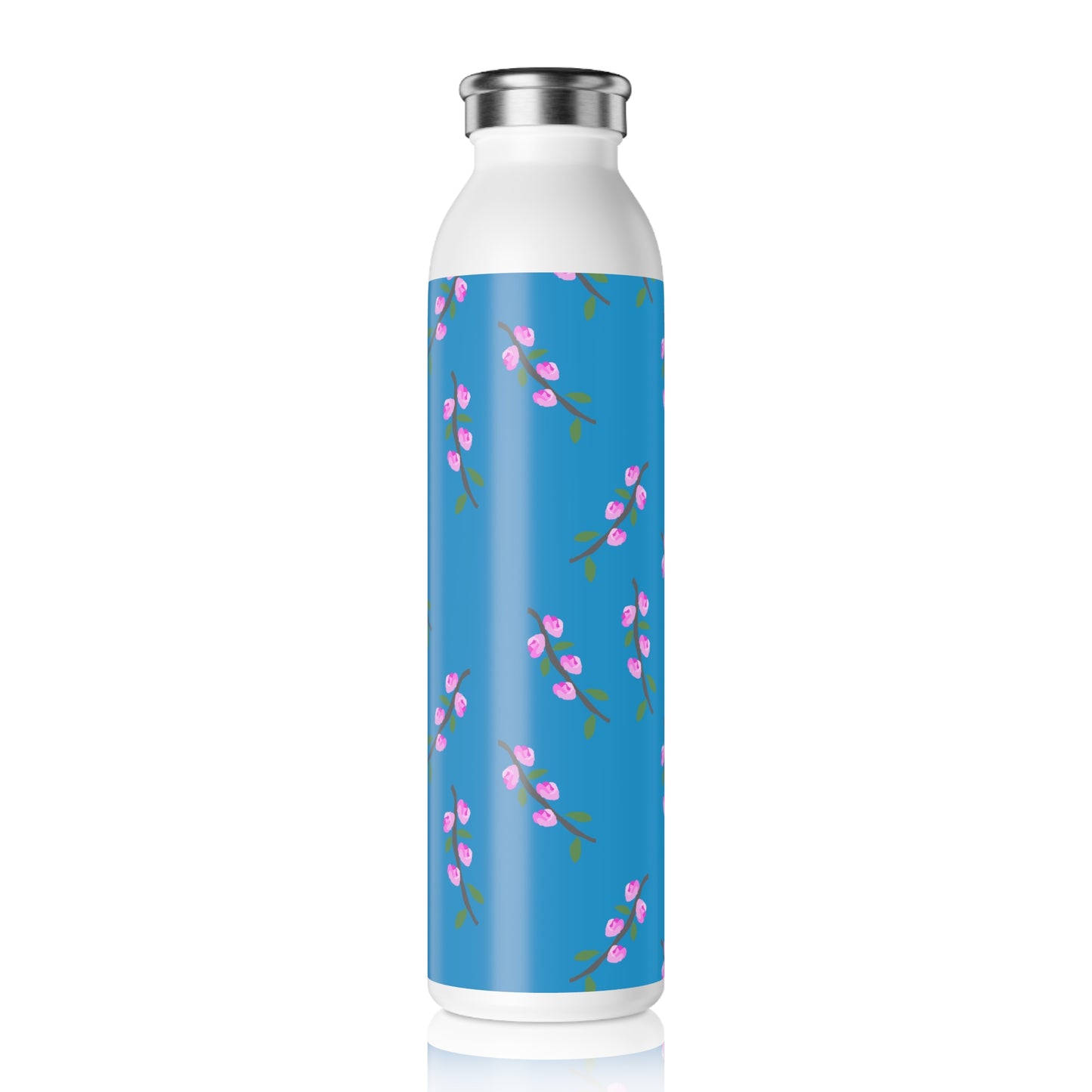 Pink Flower Branches Slim Water Bottle — Blue Pink Blossom Stainless Steel Bottle