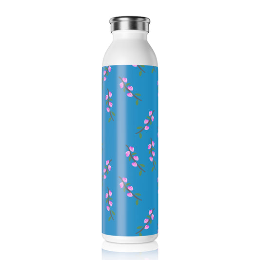 Pink Flower Branches Slim Water Bottle — Blue Pink Blossom Stainless Steel Bottle