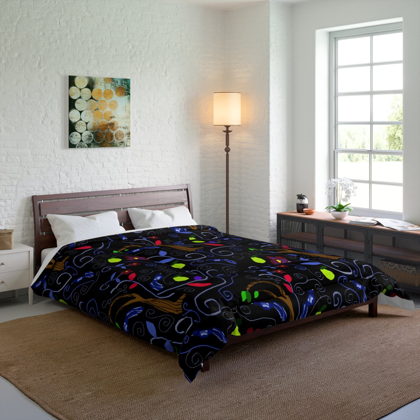 Dark Whimsical Tree Comforter – Colorful Leaf Pattern Bedding