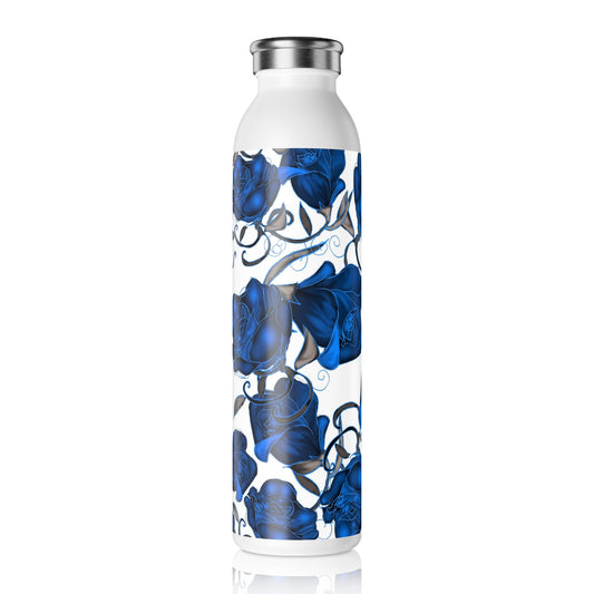Blue Roses Slim Water Bottle, Stylish Stainless Steel Hydration, Rose Design Gift, Eco-Friendly Travel Flask, Blue Flower Tumbler