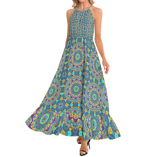 Blue Green Blur Kaleidoscope Ruffle Hem Halter Neck Maxi Dress
