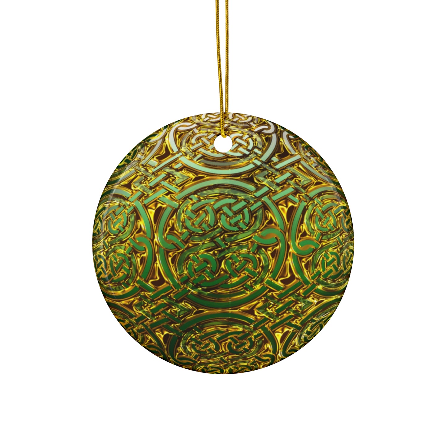 Celtic Green Gold Ceramic Star Ornament — Intricate Knotwork Holiday Decoration