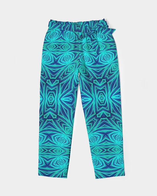 Blue Ice Kaleidoscope Women's All-Over Print Belted Tapered Pants