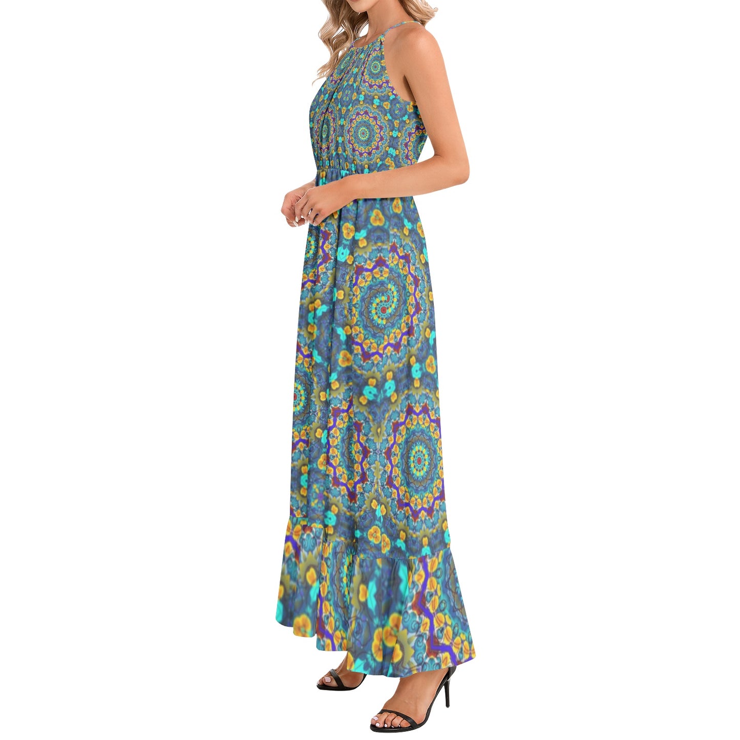 Blue Green Blur Kaleidoscope Ruffle Hem Halter Neck Maxi Dress
