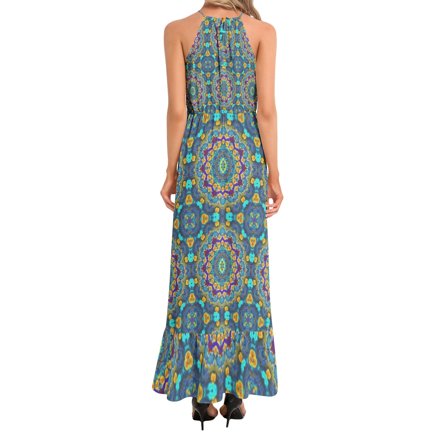 Blue Green Blur Kaleidoscope Ruffle Hem Halter Neck Maxi Dress