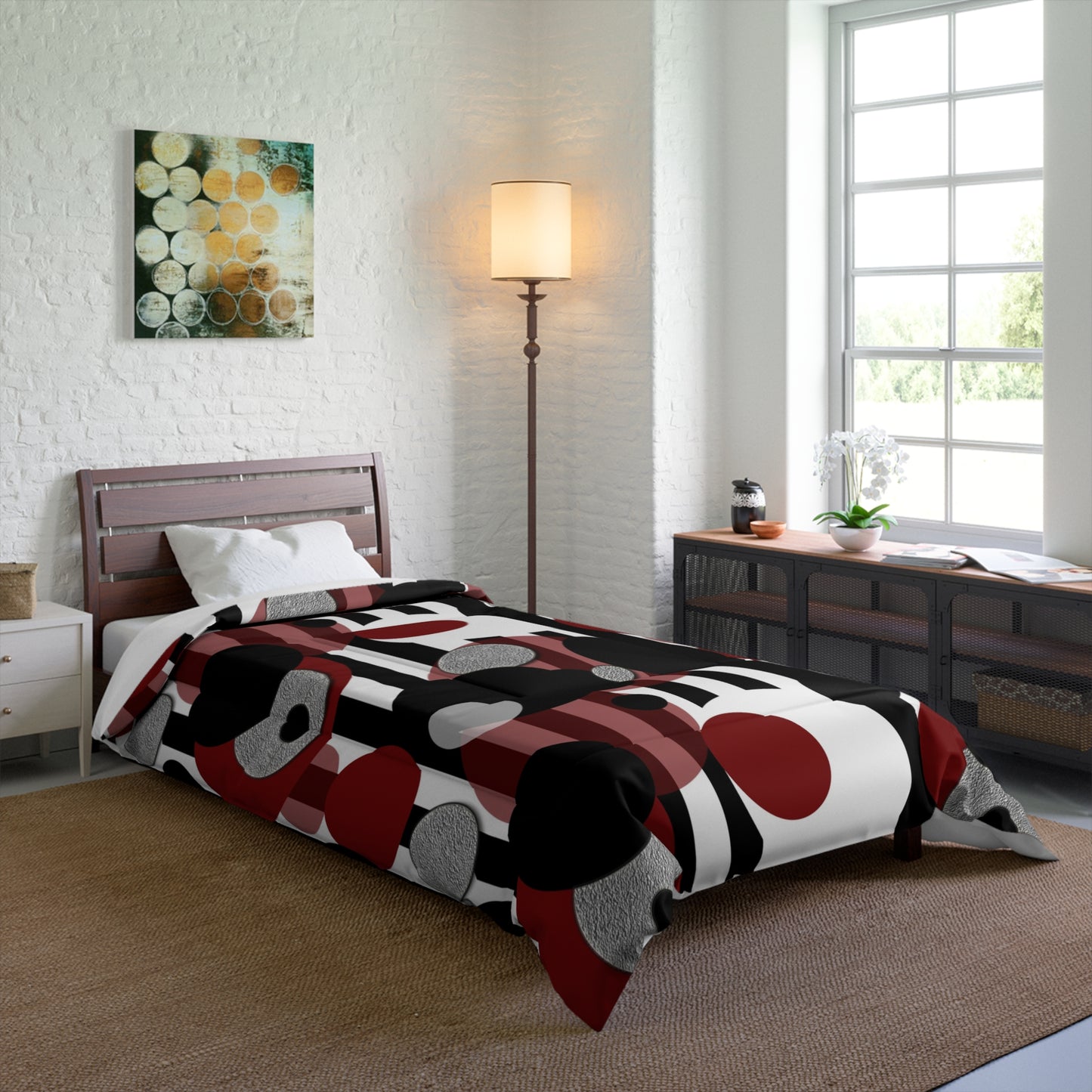 Comforter — Modern Abstract Circles & Stripes Comforter (Red, Black, Gray)