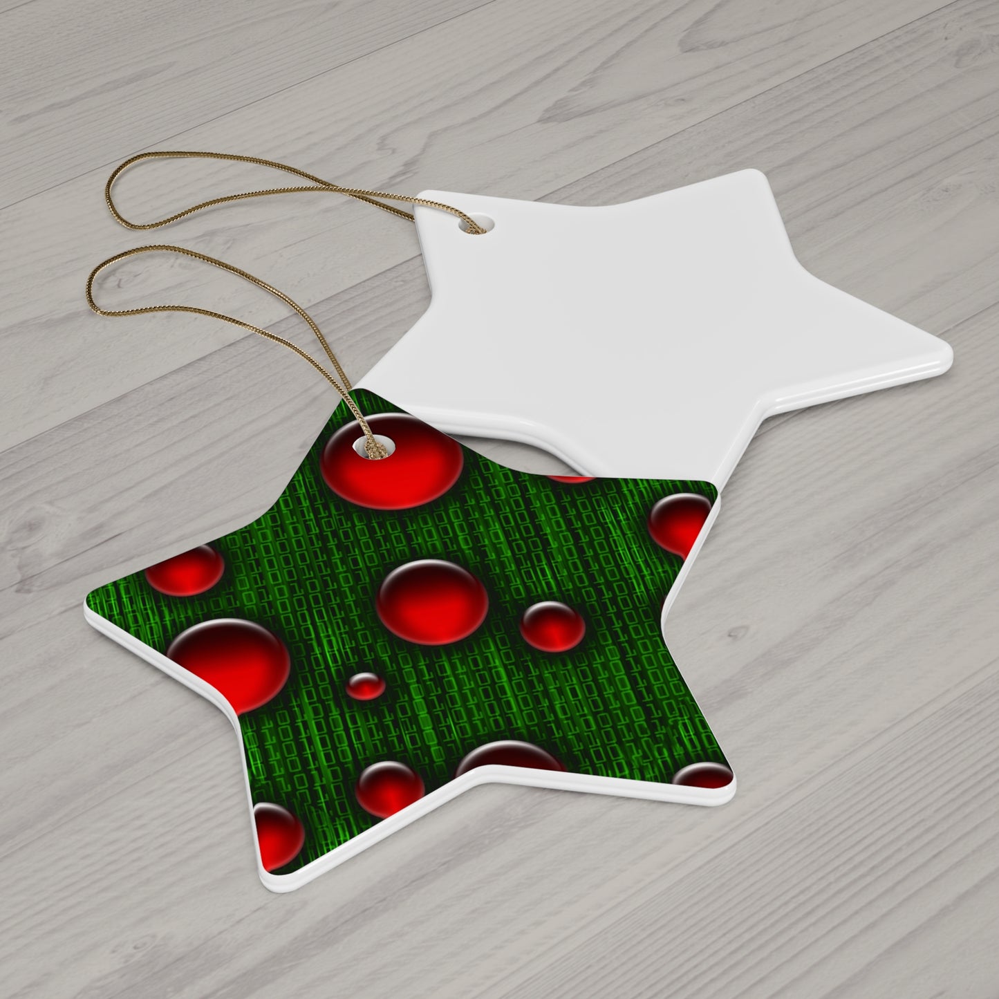 Binary Christmas Ceramic Ornament Set - Star Shape with Red Bubbles Design