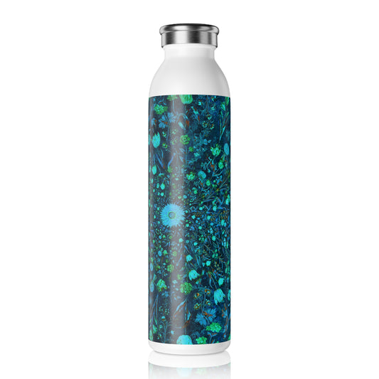 Blue Green Medieval Flowers Slim Water Bottle, Floral Hydration Bottle, Eco-Friendly Drinkware, Gift for Nature Lovers, Reusable Beverage Container