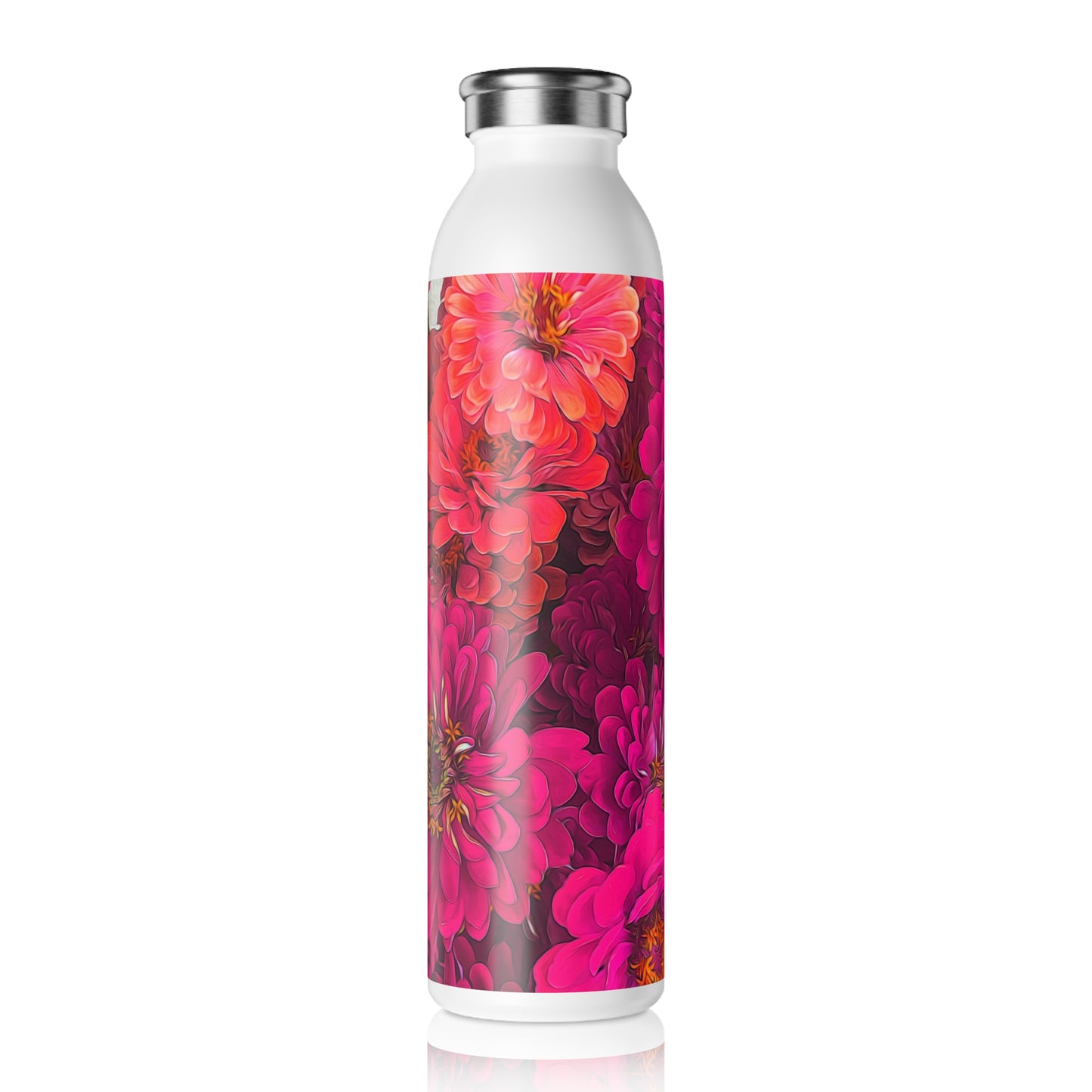 Slim Water Bottle — Bright Pink Zinnia Floral Stainless Steel Bottle