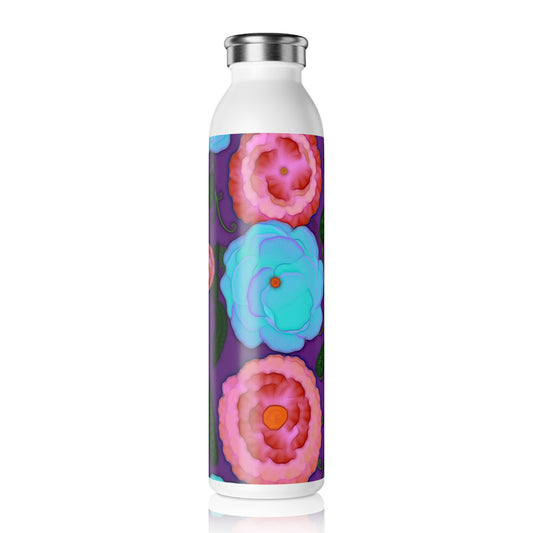 Pink and Blue Flowers On Purple Slim Water Bottle, Stainless Steel Bottle, Reusable Hydration Gift, Eco-Friendly Drinkware, Spring/Summer Outdoors