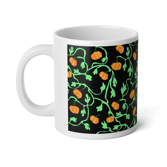 Pumpkin and Vines on Black Jumbo Mug, 20oz | Fall Coffee Cup, Autumn Decor, Halloween Gift, Unique Pumpkin Design, Seasonal Mug
