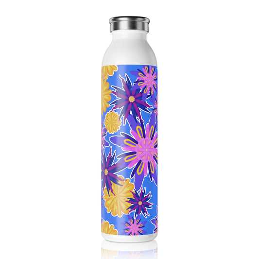 Fanciful Flowers On Powder Blue Slim Water Bottle - Reusable Hydration for Eco-Friendly Living, Summer Adventures, Gym, Yoga, Gift for Her