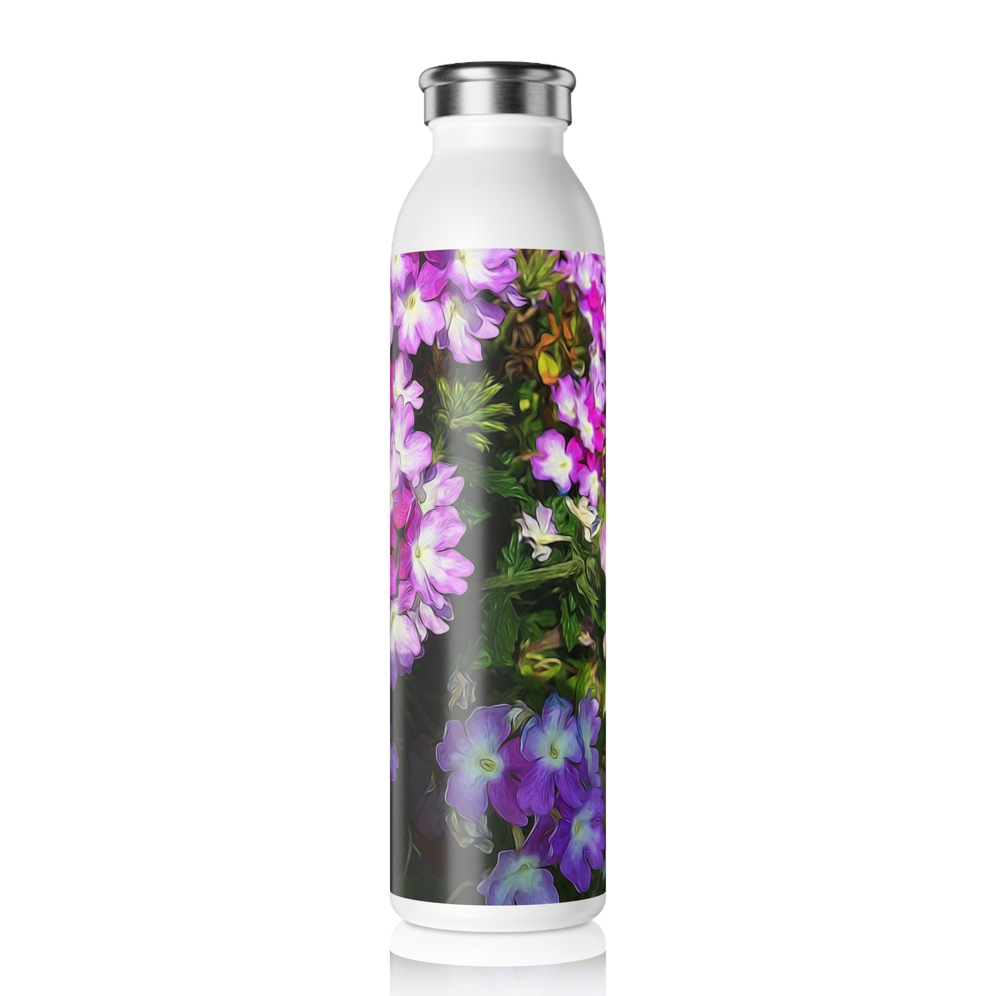 Slim Water Bottle • Purple Floral Design — Slim Stainless Bottle for Women, Garden Lover Gift