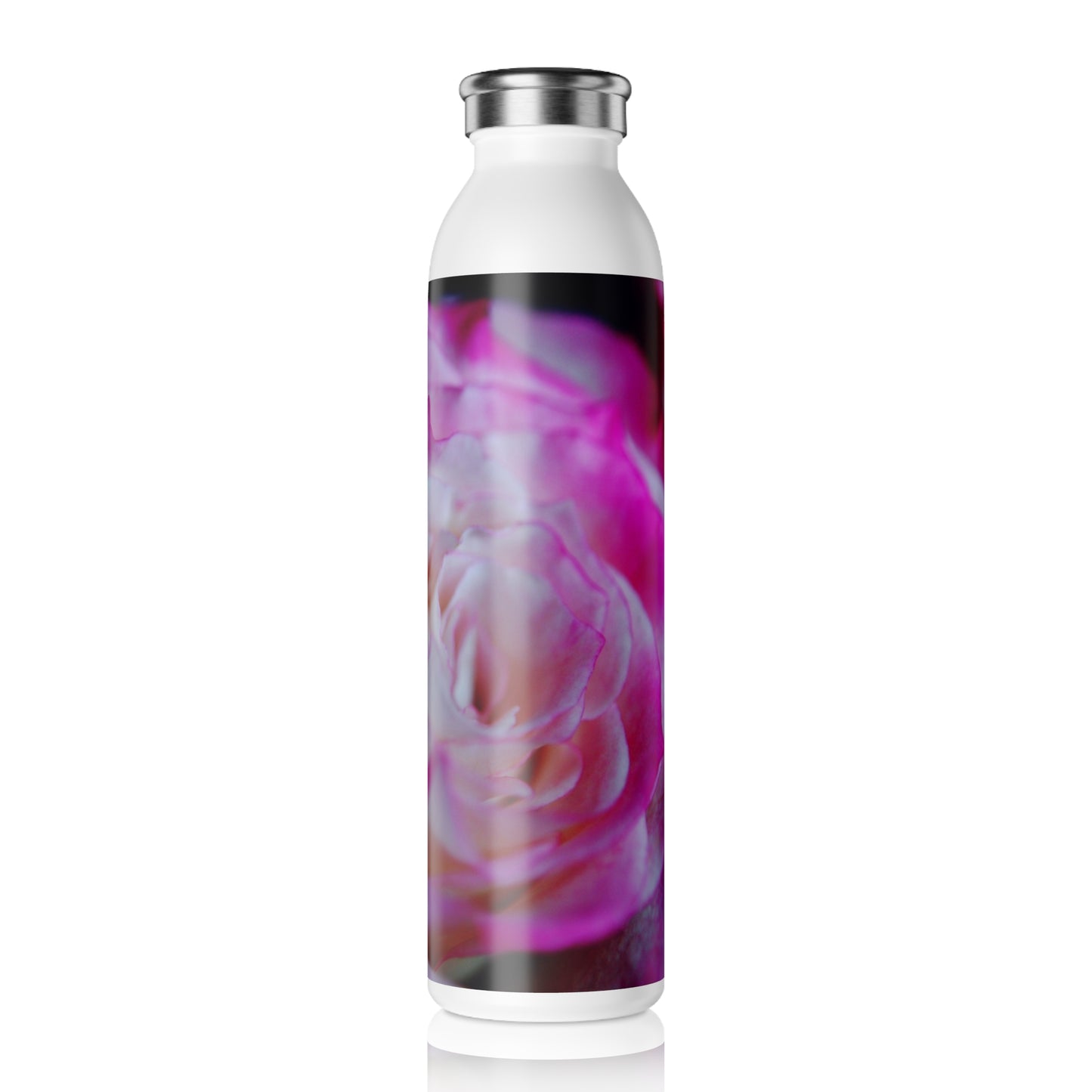 Slim Water Bottle — Pink Tea Rose Floral Stainless Steel Bottle