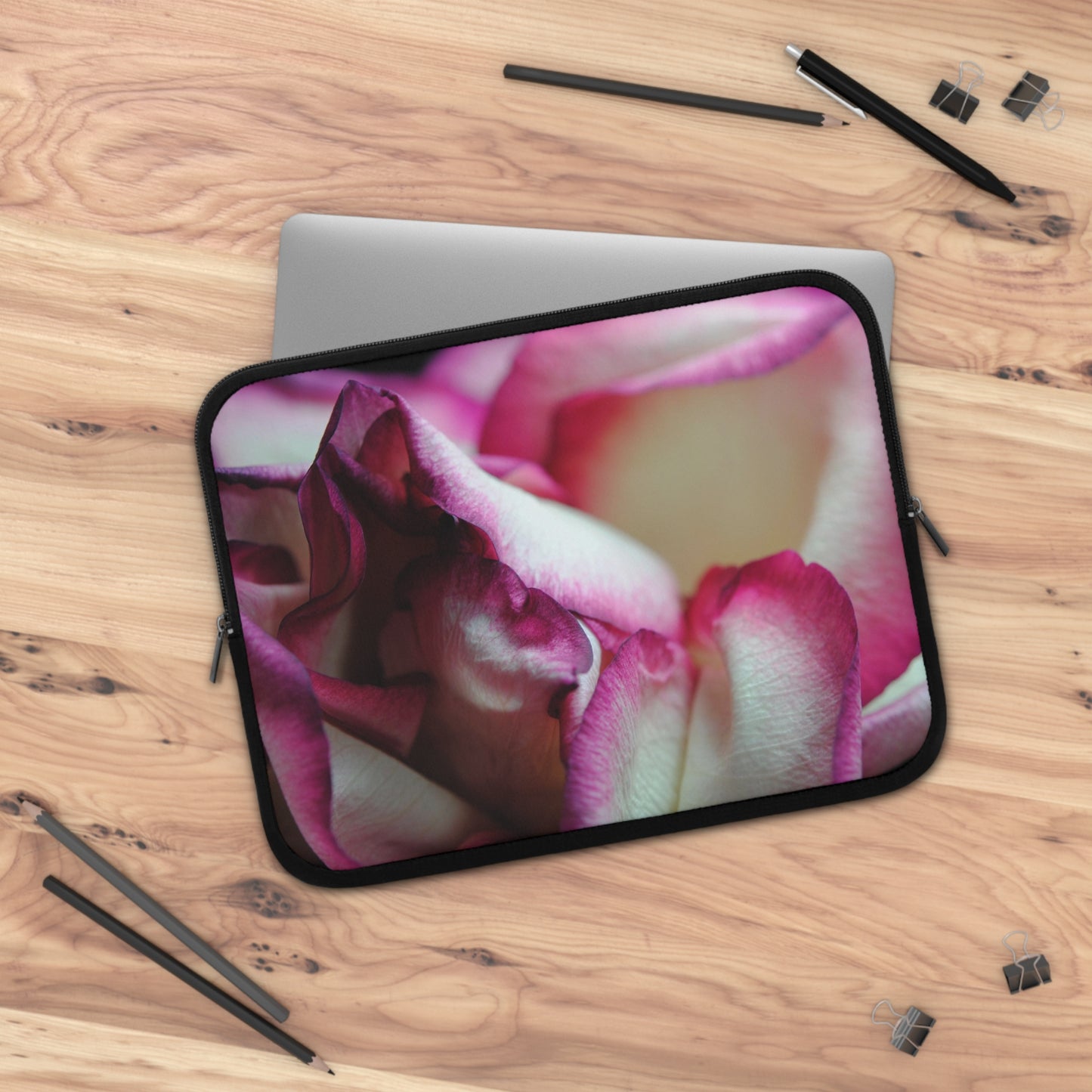 Pink Lined White Rose Laptop Sleeve