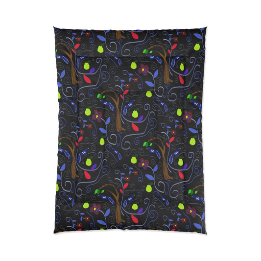 Dark Whimsical Tree Comforter – Colorful Leaf Pattern Bedding