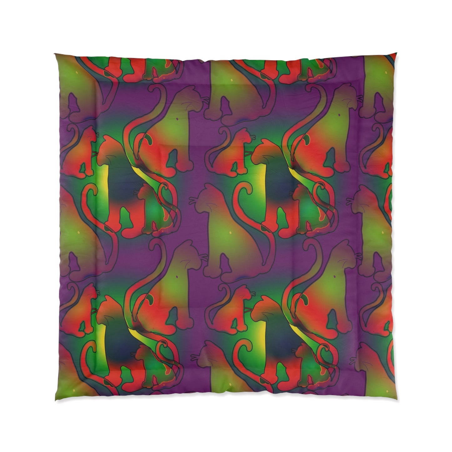 Psychedelic Abstract Cat Comforter — Vibrant Rainbow Swirl Bedding