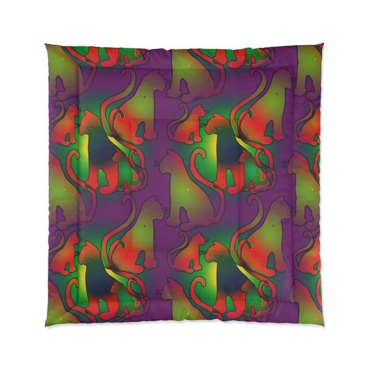 Psychedelic Abstract Cat Comforter — Vibrant Rainbow Swirl Bedding