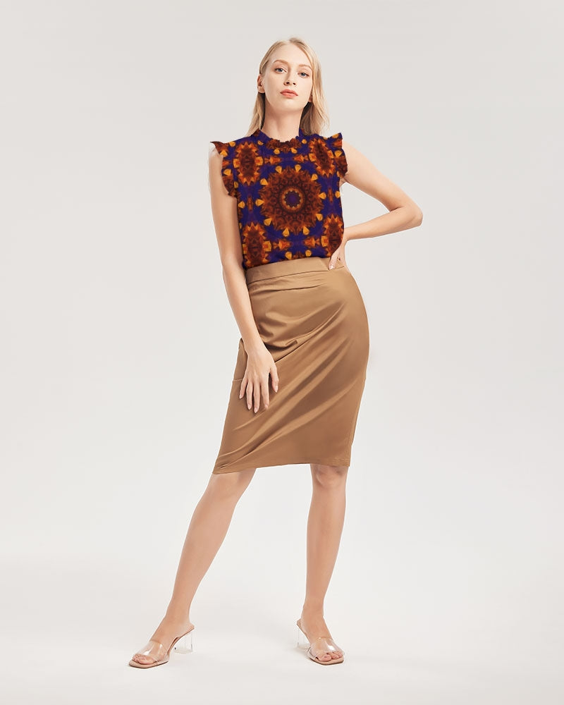 Blue Orange Red Kaleidoscope Women's All-Over Print Ruffle Sleeve Top