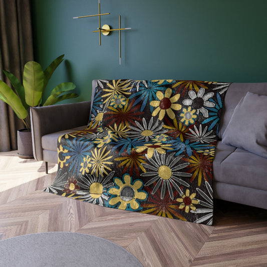 Dark Gray Daisies Crushed Velvet Blanket