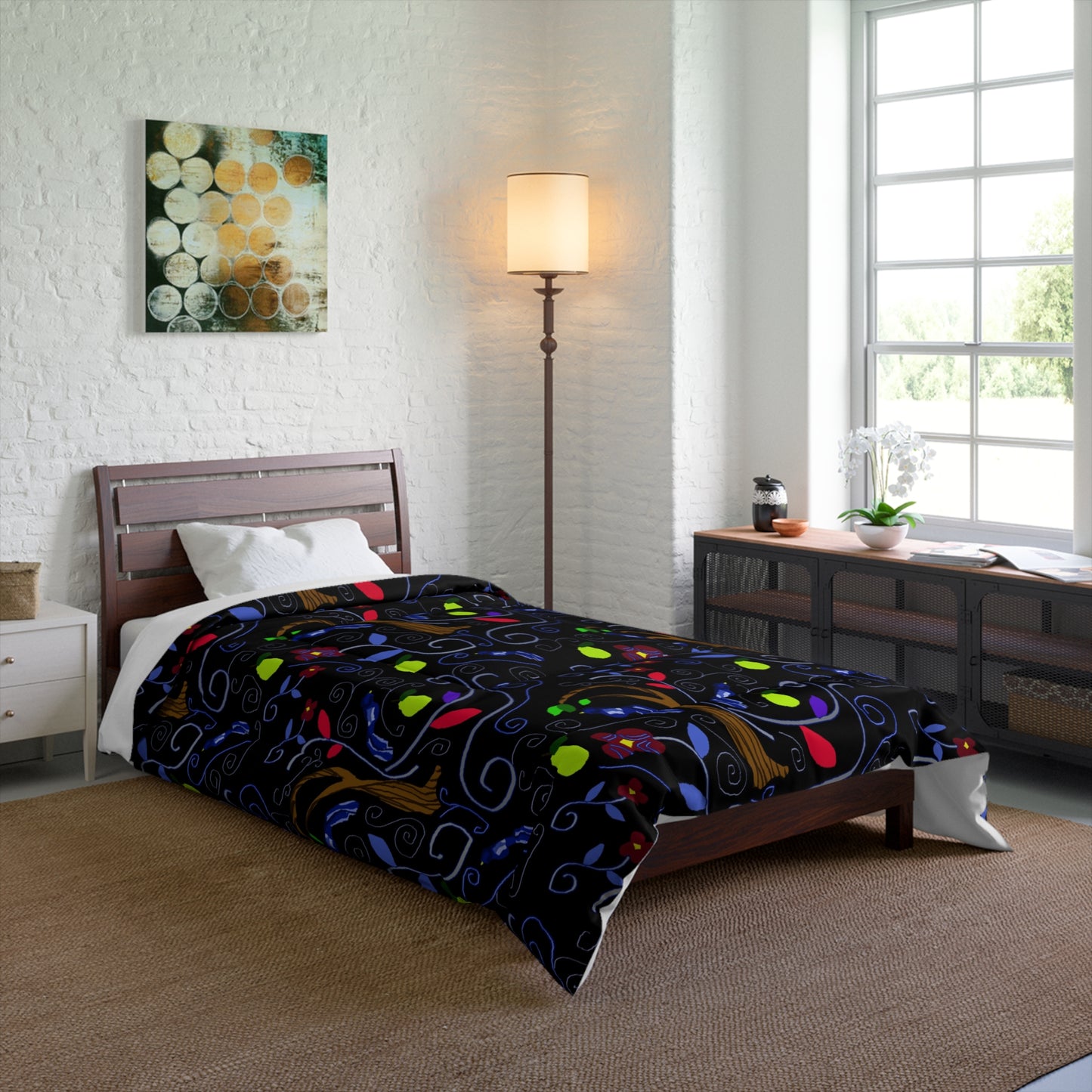 Dark Whimsical Tree Comforter – Colorful Leaf Pattern Bedding
