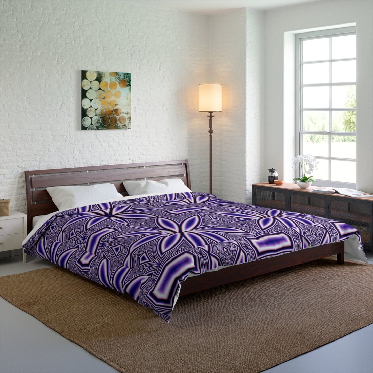Purple Floral Geometric Comforter – Boho Starburst Pattern Bedding