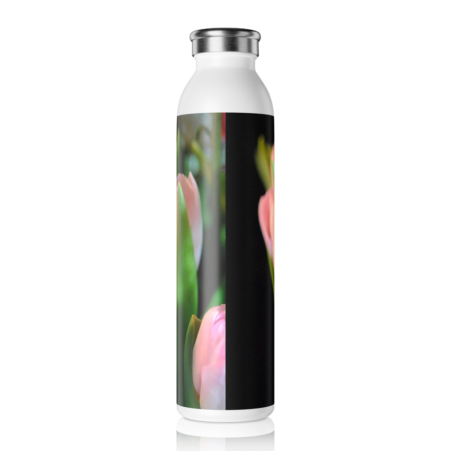 Slim Water Bottle — Pink Tulip Floral Stainless Steel Bottle, Spring Garden Drinkware