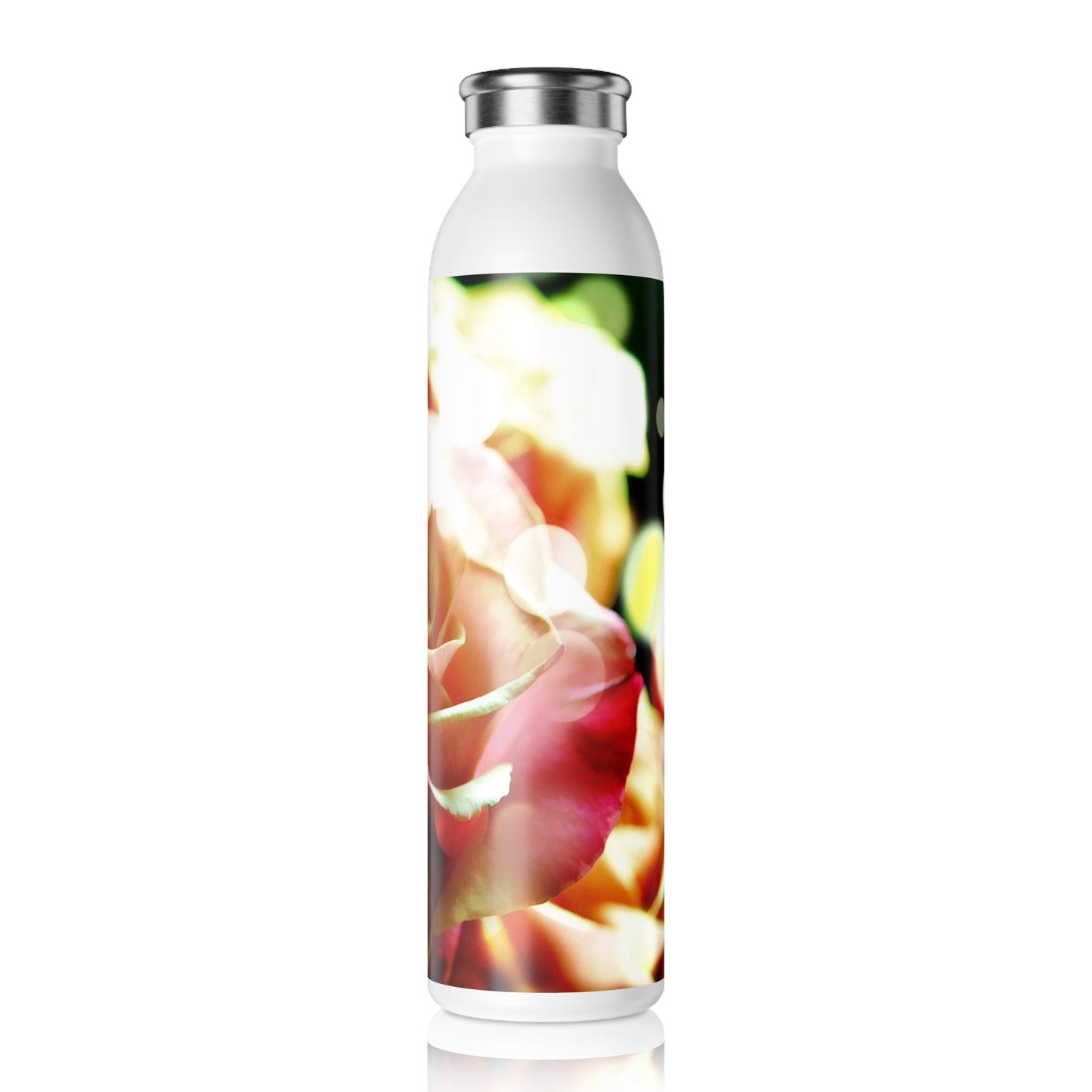 Slim Water Bottle — Pink Rose in Bokeh Stainless Steel Bottle (Elegant Floral Design)
