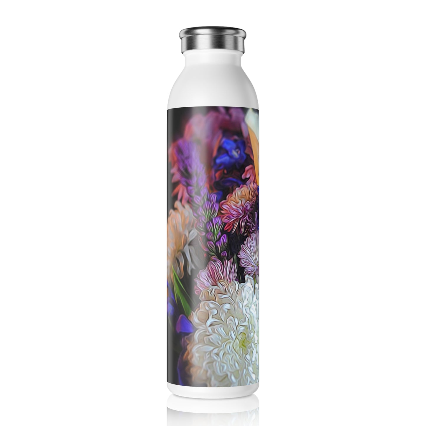 Blue White Purple Bouquet Slim Water Bottle - Eco-Friendly Drinkware, Hydration Gift, Fitness Accessory, Travel Mug, Spring Flower Design