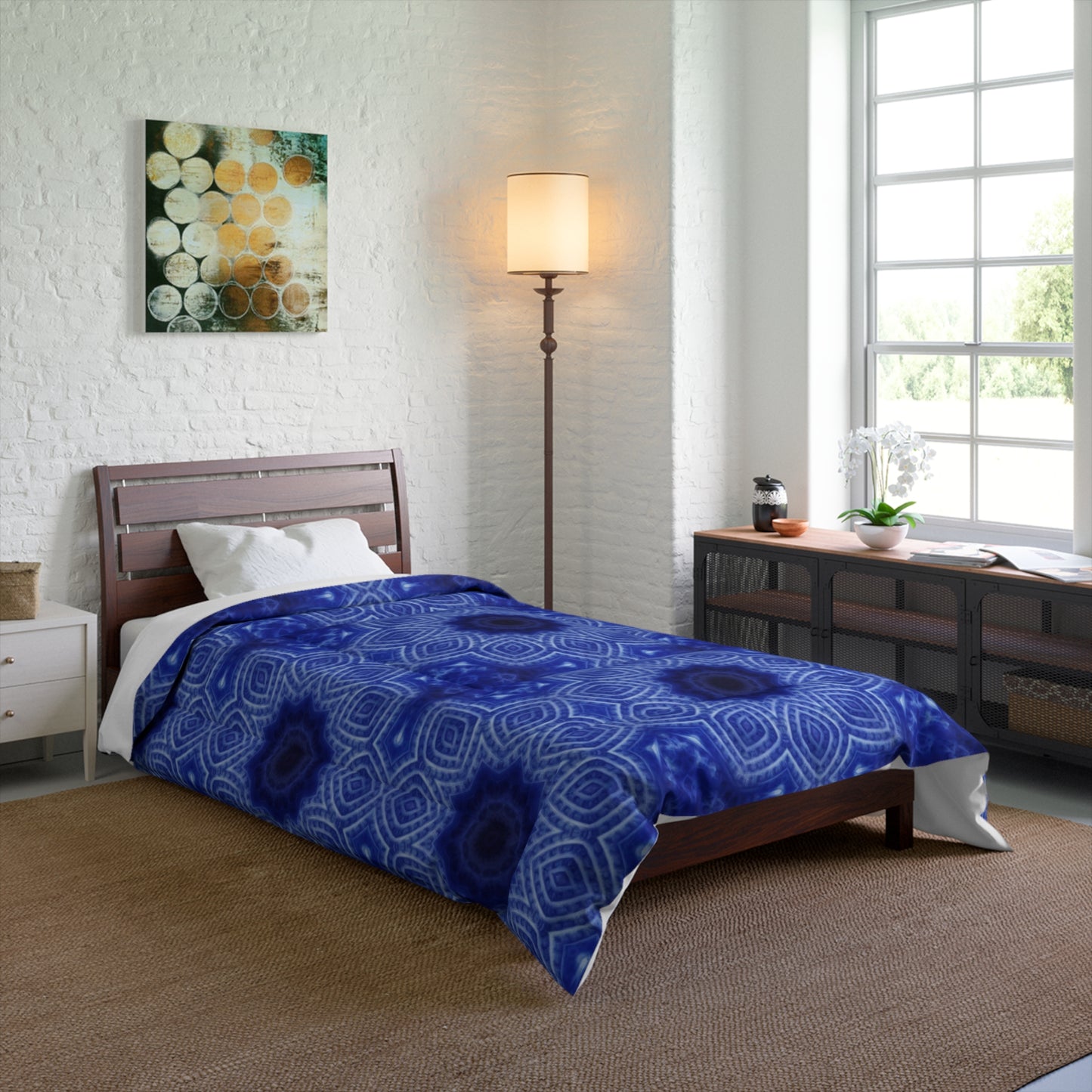 Blue Kaleidoscope Comforter - Geometric Floral Pattern Bedding