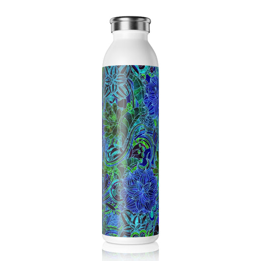 Blue Green Flower Pattern Slim Water Bottle - Eco-Friendly Hydration, Reusable Drink Container, Travel Mug, Gift for Nature Lovers, Yoga and Fitness