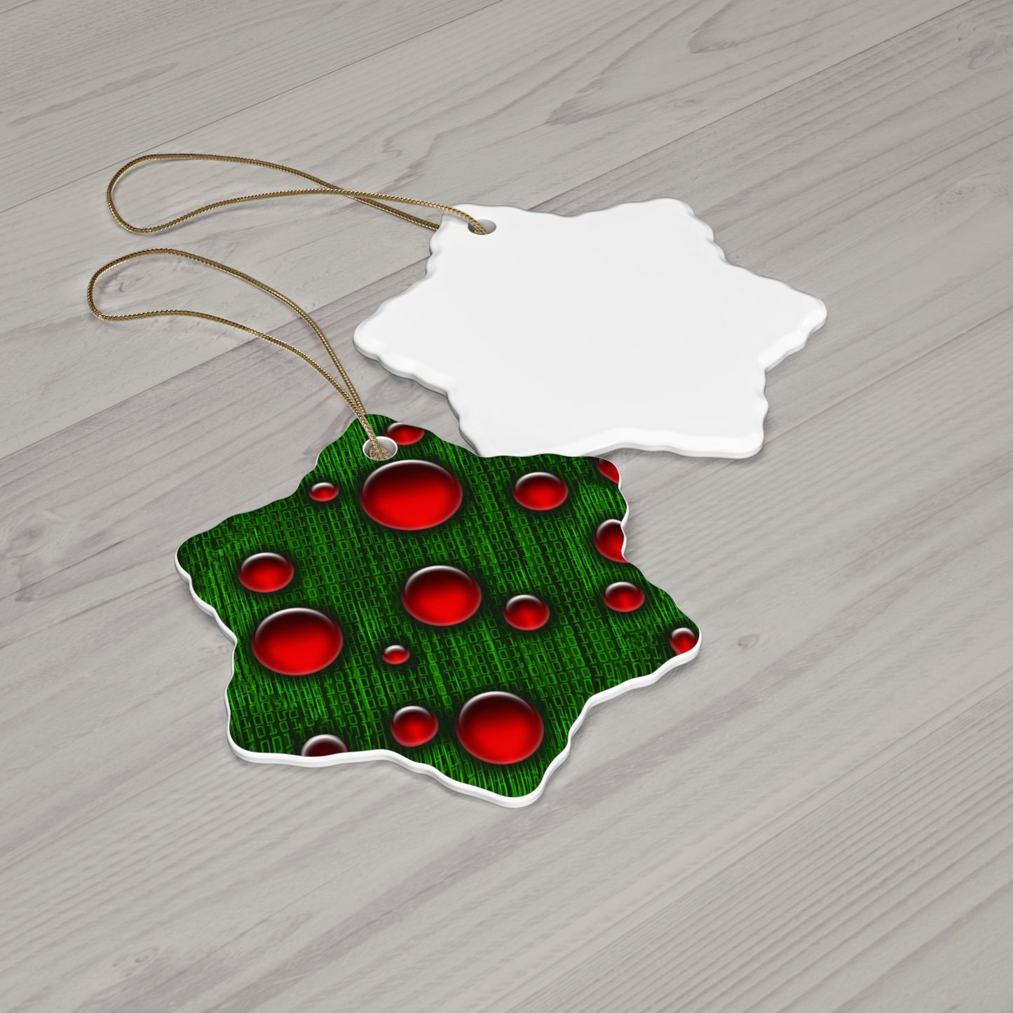 Binary Christmas Ceramic Ornament Set - Star Shape with Red Bubbles Design
