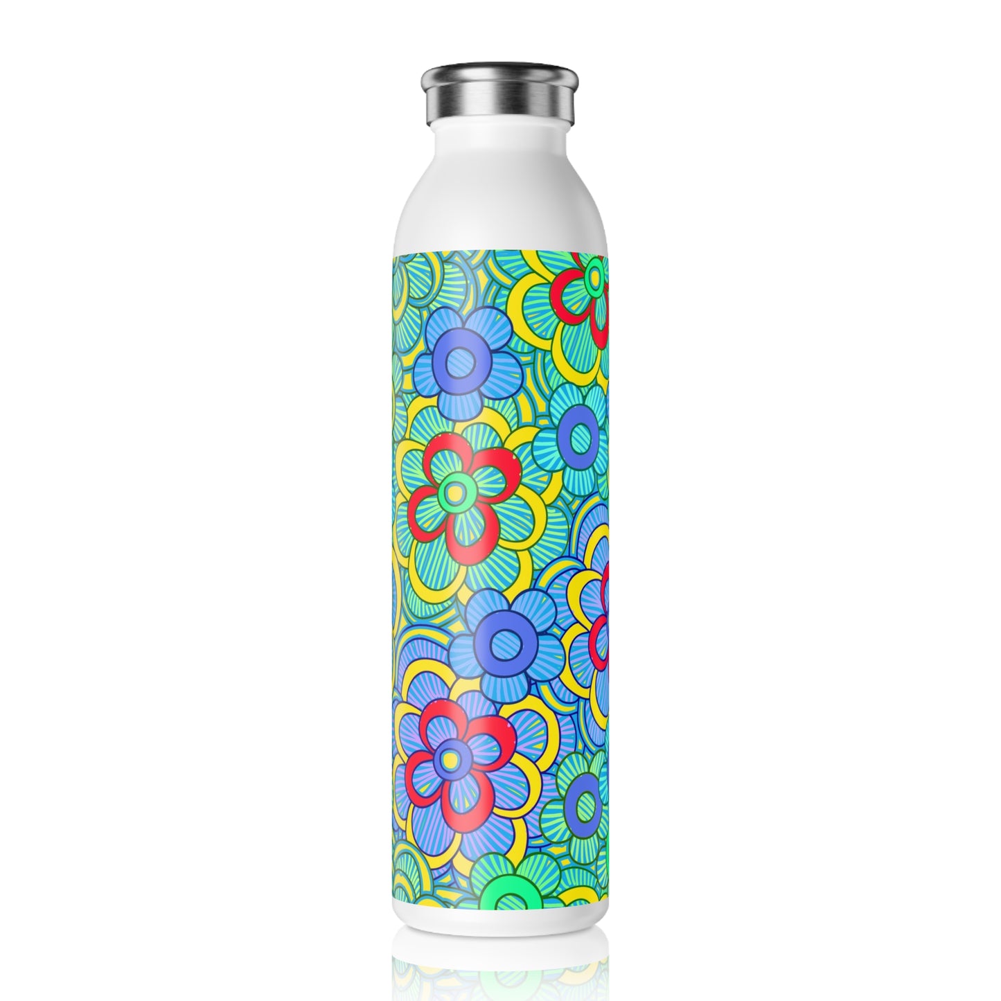 Green Retro Flowers Slim Water Bottle, Eco-Friendly Hydration, Stylish Drinkware, Perfect for Gifting, Fitness, Summer, Travel