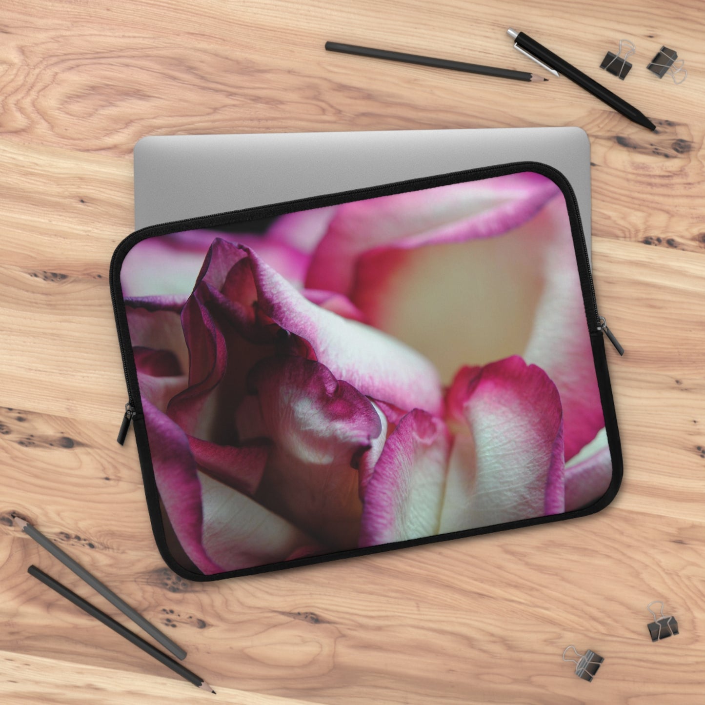 Pink Lined White Rose Laptop Sleeve