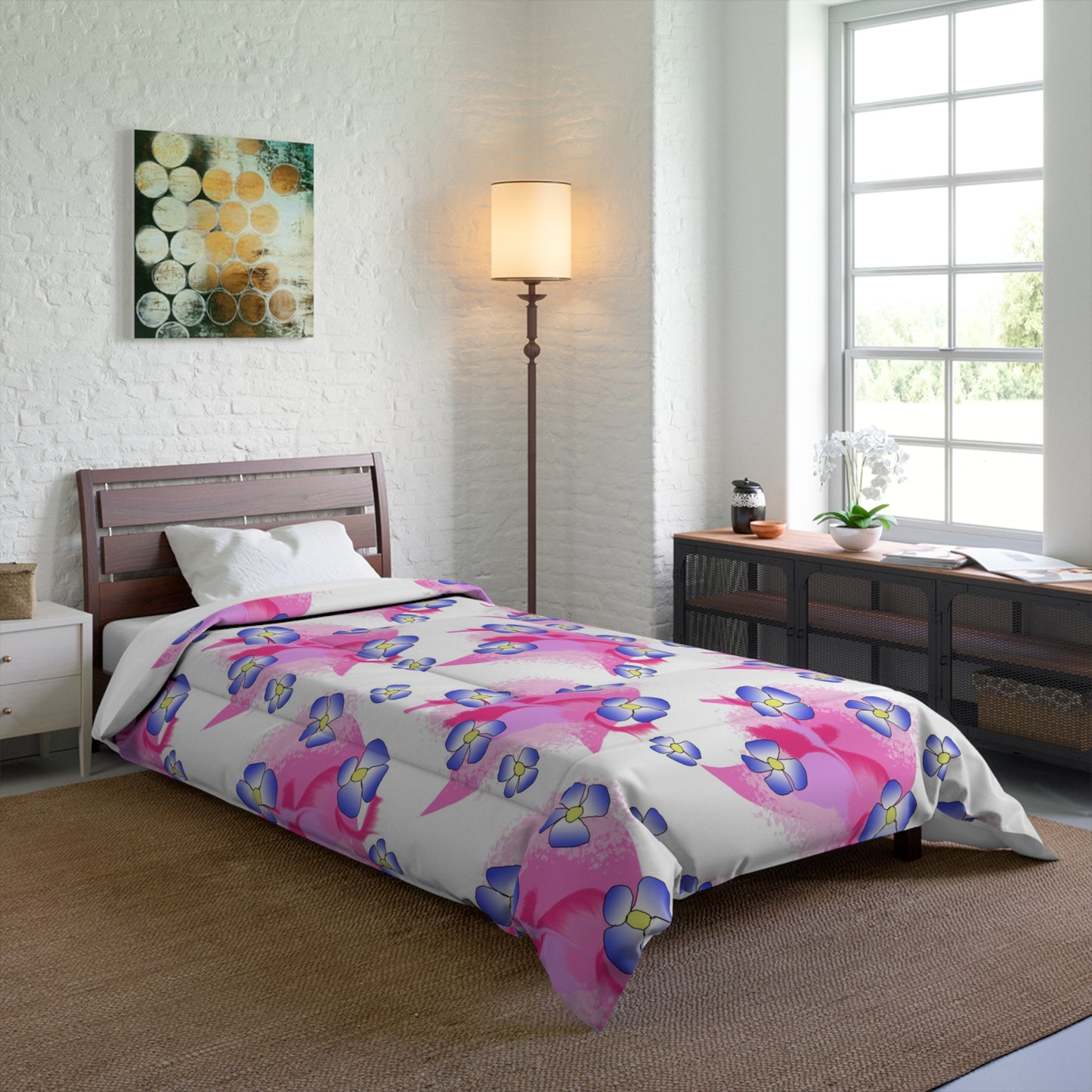 Pink Watercolor Floral Comforter — Pansy Bloom Bedding for Girls & Teens