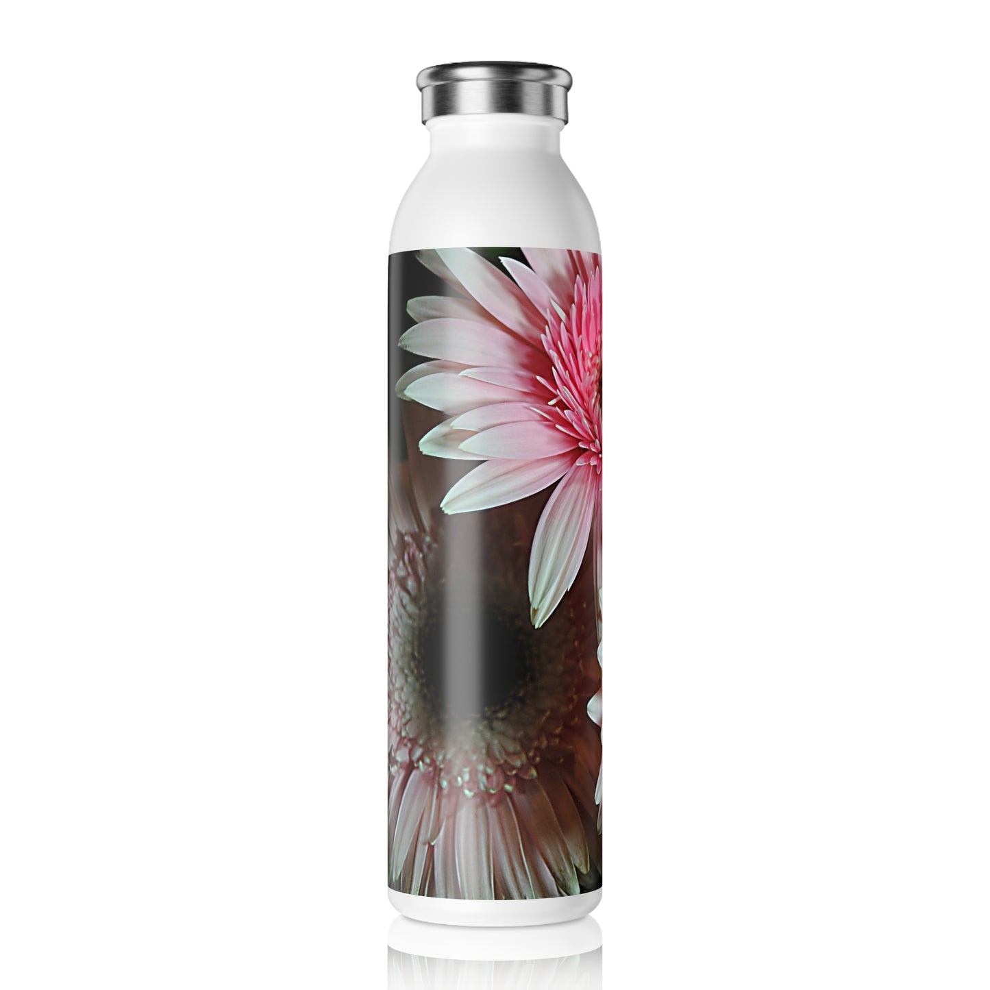 Pink Gerbera Daisies Floral Slim Water Bottle — Insulated Stainless Steel Travel Bottle