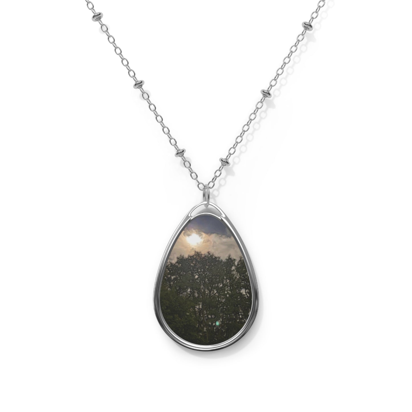 Harvest Moon Over Trees Oval Necklace, Handmade Jewelry, Gift for Nature Lovers, Minimalist Pendant, Eco-Friendly Accessory