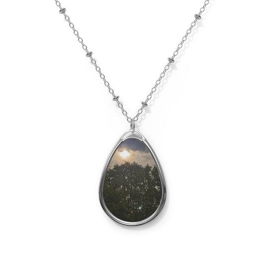Harvest Moon Over Trees Oval Necklace, Handmade Jewelry, Gift for Nature Lovers, Minimalist Pendant, Eco-Friendly Accessory