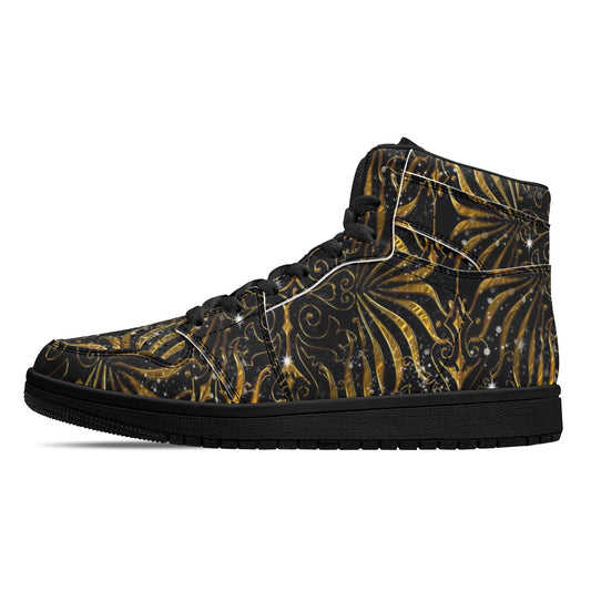 Black and Gold Victorian Sparkle Womens Black High Top Leather Sneakers