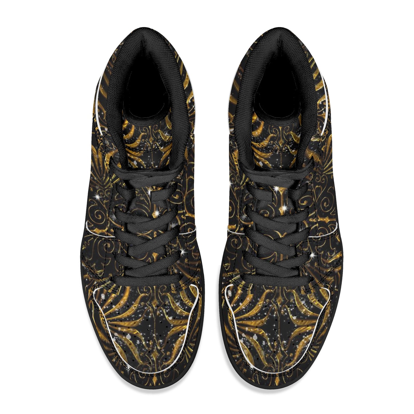 Black and Gold Victorian Sparkle Womens Black High Top Leather Sneakers