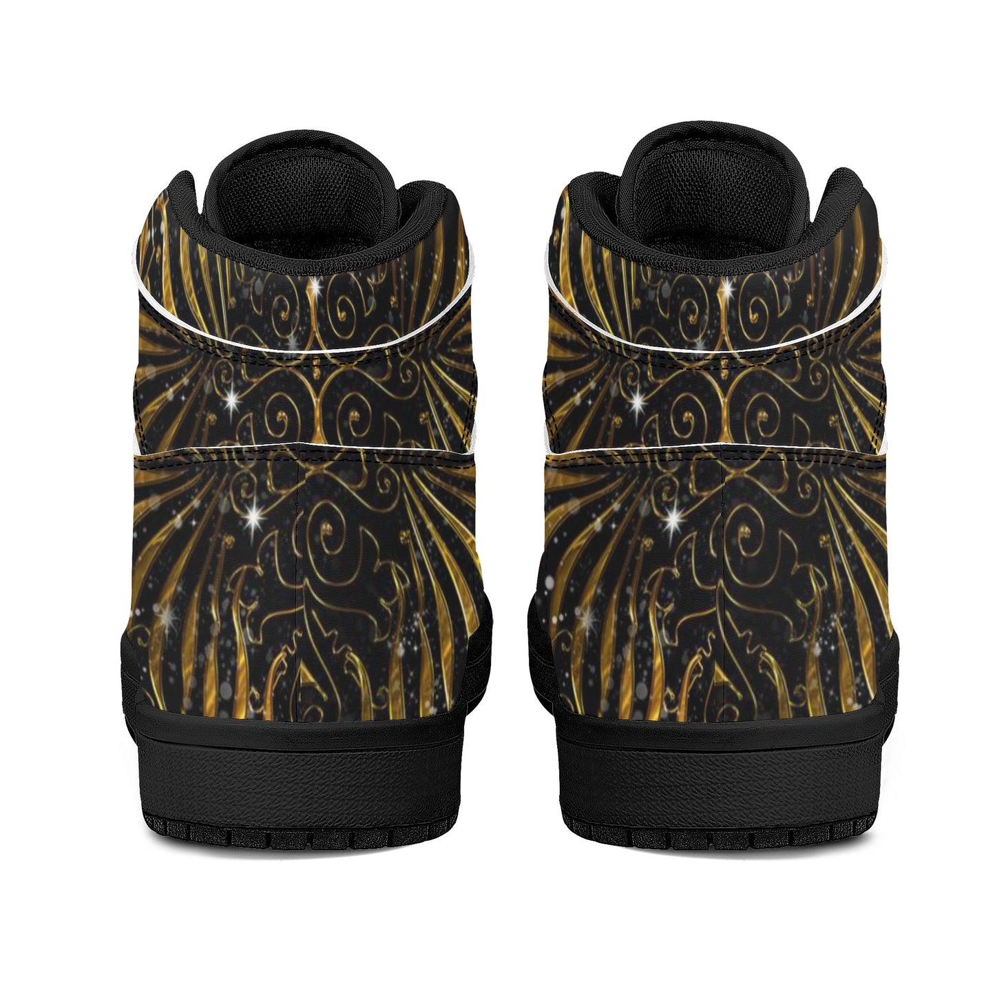 Black and Gold Victorian Sparkle Womens Black High Top Leather Sneakers
