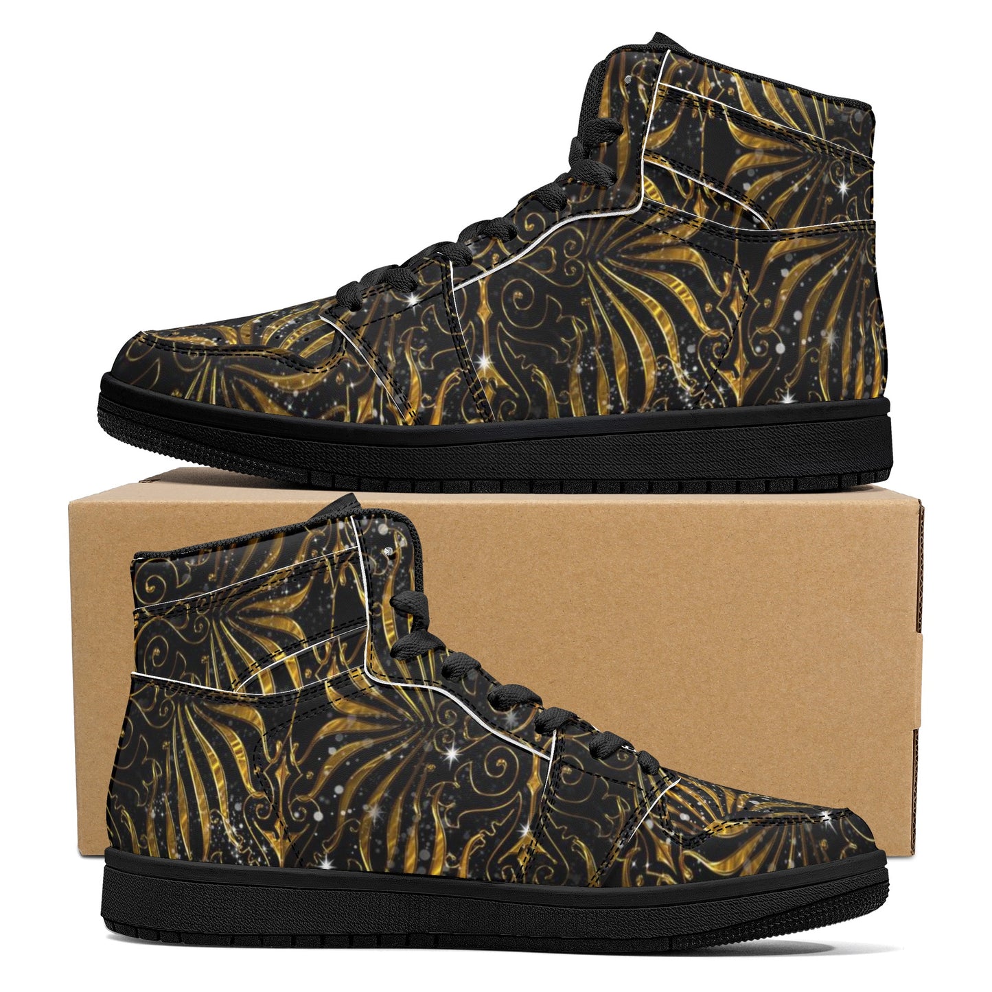 Black and Gold Victorian Sparkle Womens Black High Top Leather Sneakers