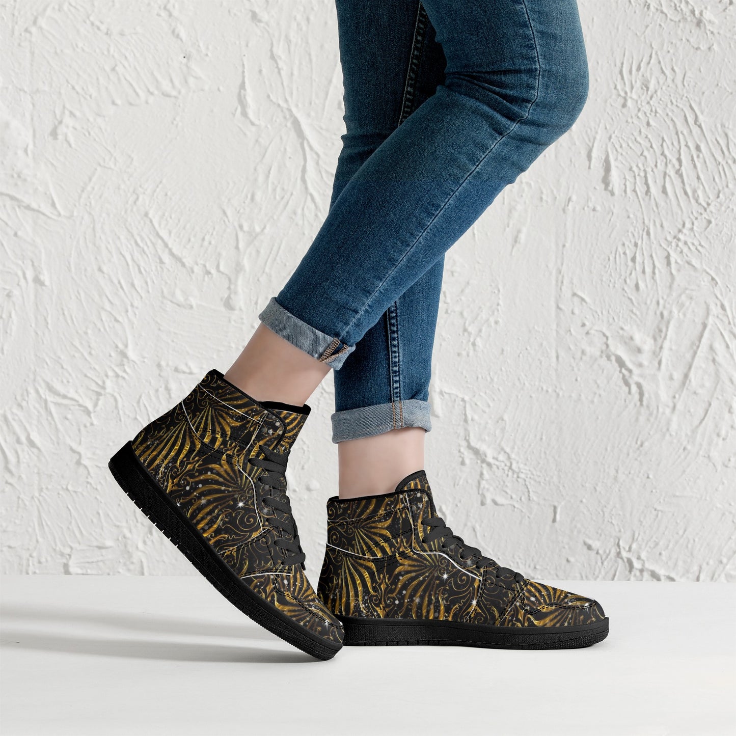 Black and Gold Victorian Sparkle Womens Black High Top Leather Sneakers