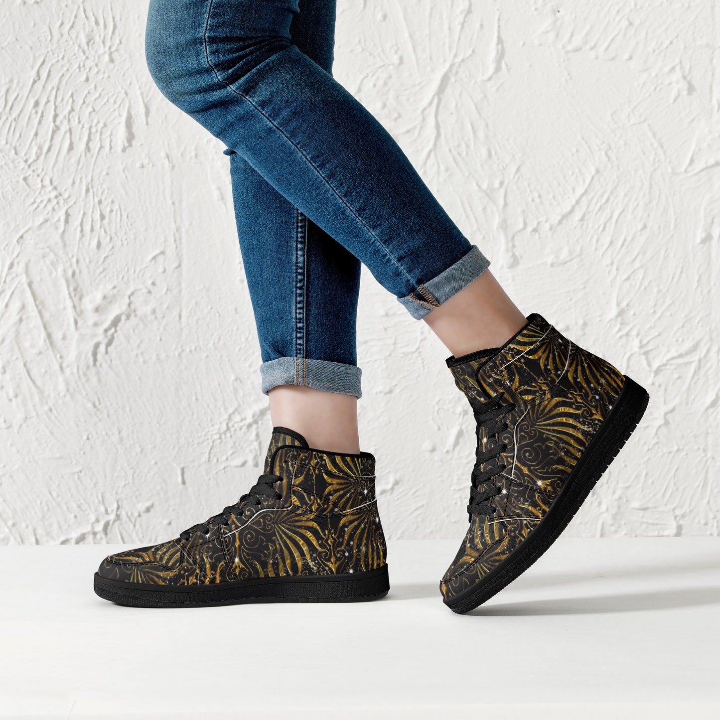 Black and Gold Victorian Sparkle Womens Black High Top Leather Sneakers