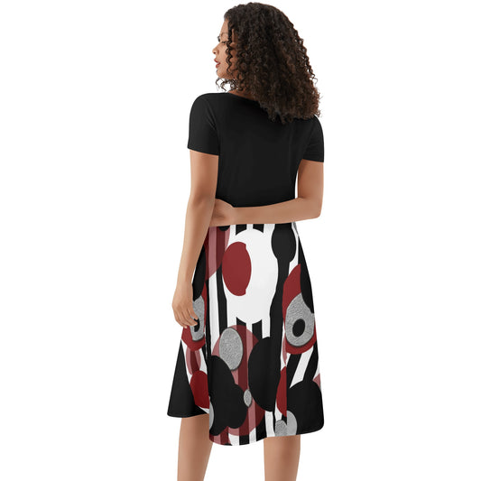 Black and White Stripes Red Dots Womens Black Ruffle Summer Dress