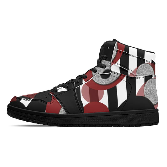 Black and White Stripes Red Dots Womens Black High Top Leather Sneakers