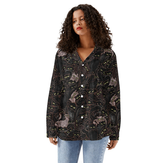 Black Cats Yellow Eyes Womens Long Sleeve Button Down Shirt