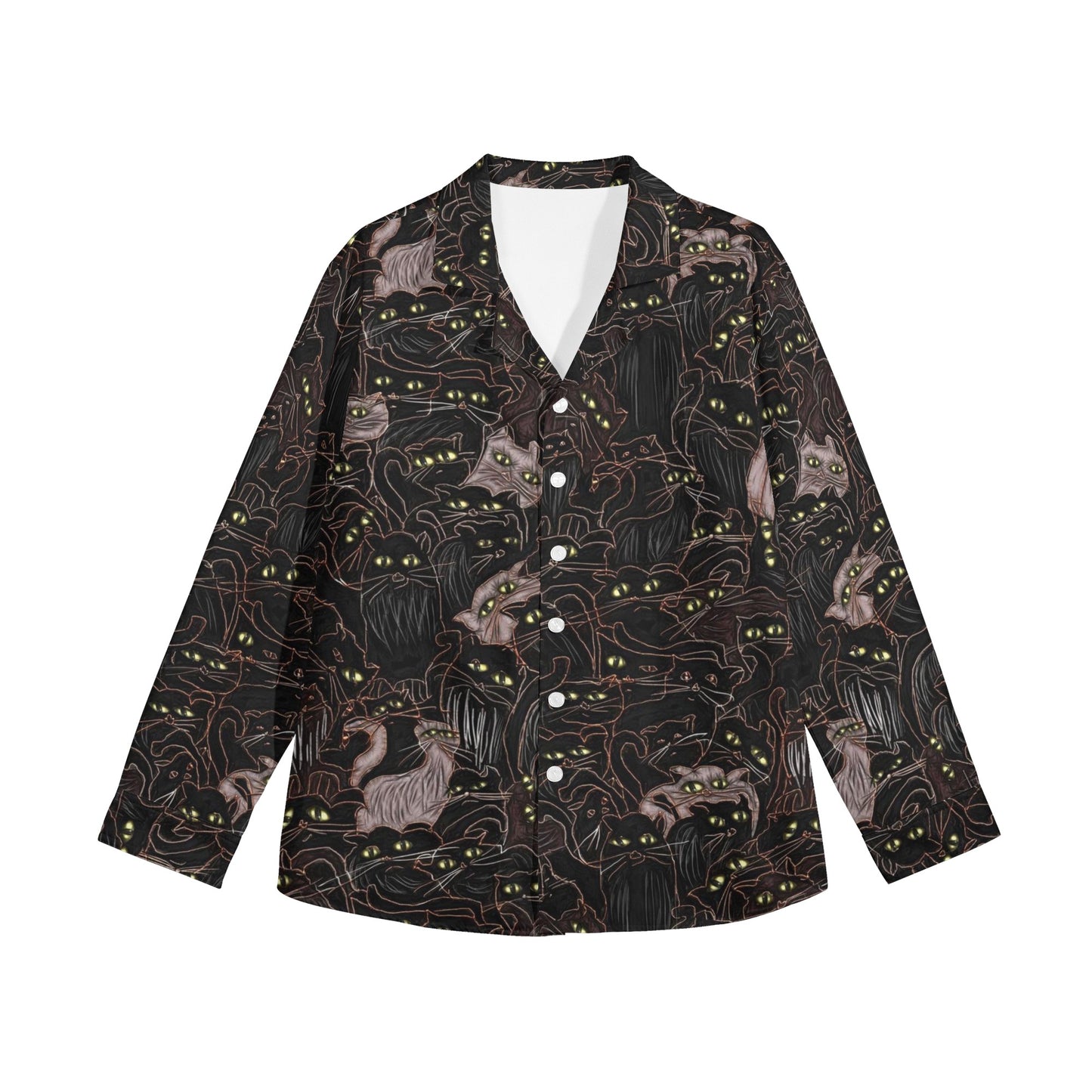 Black Cats Yellow Eyes Womens Long Sleeve Button Down Shirt