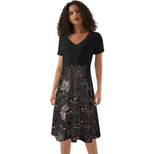 Black Cats Yellow Eyes Womens Black Ruffle Summer Dress