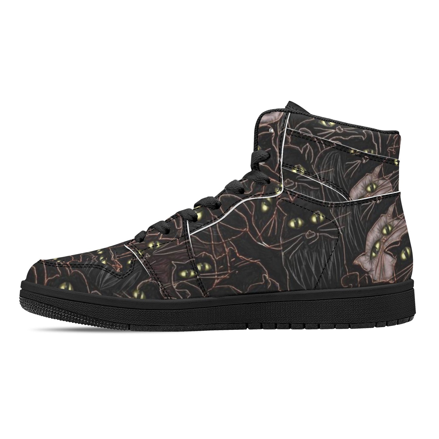 Black Cats Yellow Eyes Womens Black High Top Leather Sneakers